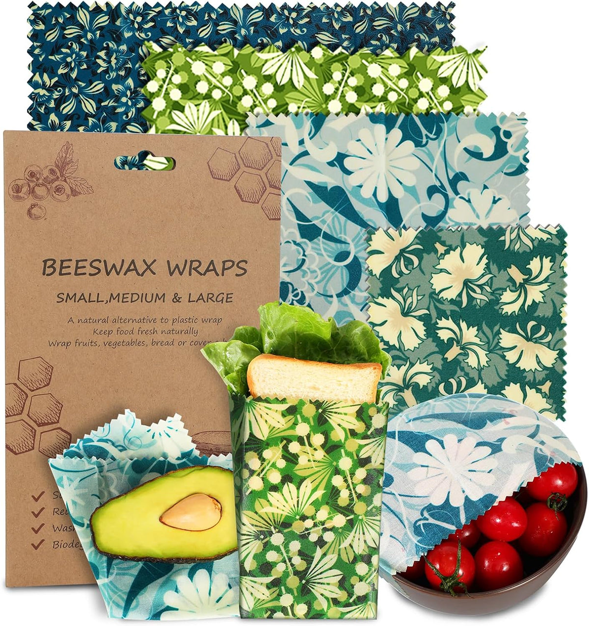 Reusable Beeswax Wrap, Eco-Friendly Beeswax Wraps For Food, Organic, Sustainable, Biodegradable, Zero Waste, Plastic-Free Food Storage (Flowers and Leaves)