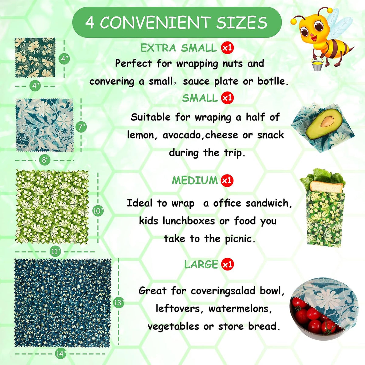 Reusable Beeswax Wrap, Eco-Friendly Beeswax Wraps For Food, Organic, Sustainable, Biodegradable, Zero Waste, Plastic-Free Food Storage (Flowers and Leaves)