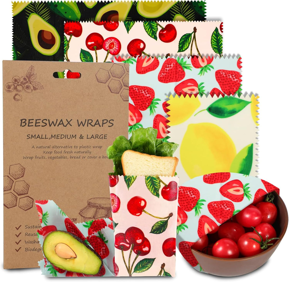 Reusable Beeswax Wrap, Eco-Friendly Beeswax Wraps For Food, Organic, Sustainable, Biodegradable, Zero Waste, Plastic-Free Food Storage (Flowers and Leaves)