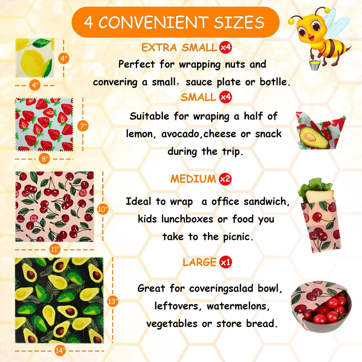 Reusable Beeswax Wrap, Eco-Friendly Beeswax Wraps For Food, Organic, Sustainable, Biodegradable, Zero Waste, Plastic-Free Food Storage (Flowers and Leaves)