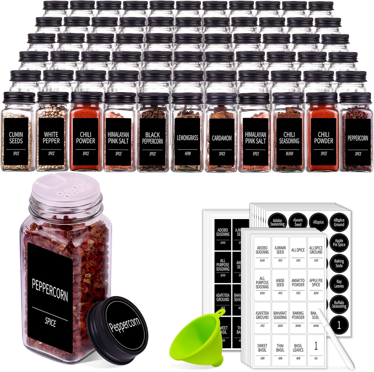 66 Pack Glass Spice Jars with Labels, 4oz Spice Containers | Square Spice Bottles with Black Caps, Shaker Lids, 547 Labels, Funnel & Chalk Pen. Keep Seasoning Jars Neat and Organized