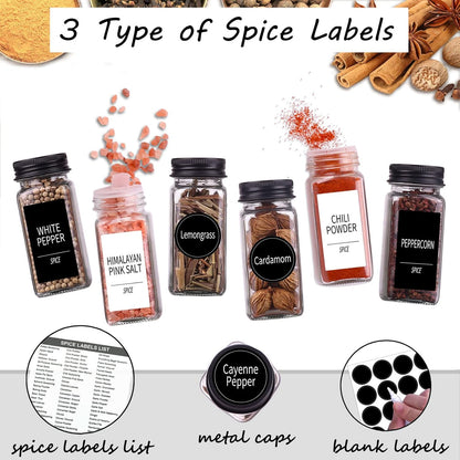 66 Pack Glass Spice Jars with Labels, 4oz Spice Containers | Square Spice Bottles with Black Caps, Shaker Lids, 547 Labels, Funnel & Chalk Pen. Keep Seasoning Jars Neat and Organized
