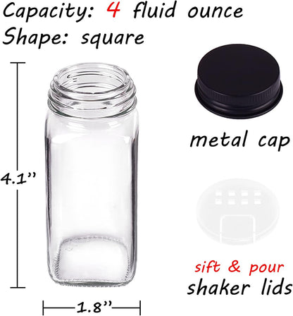 66 Pack Glass Spice Jars with Labels, 4oz Spice Containers | Square Spice Bottles with Black Caps, Shaker Lids, 547 Labels, Funnel & Chalk Pen. Keep Seasoning Jars Neat and Organized