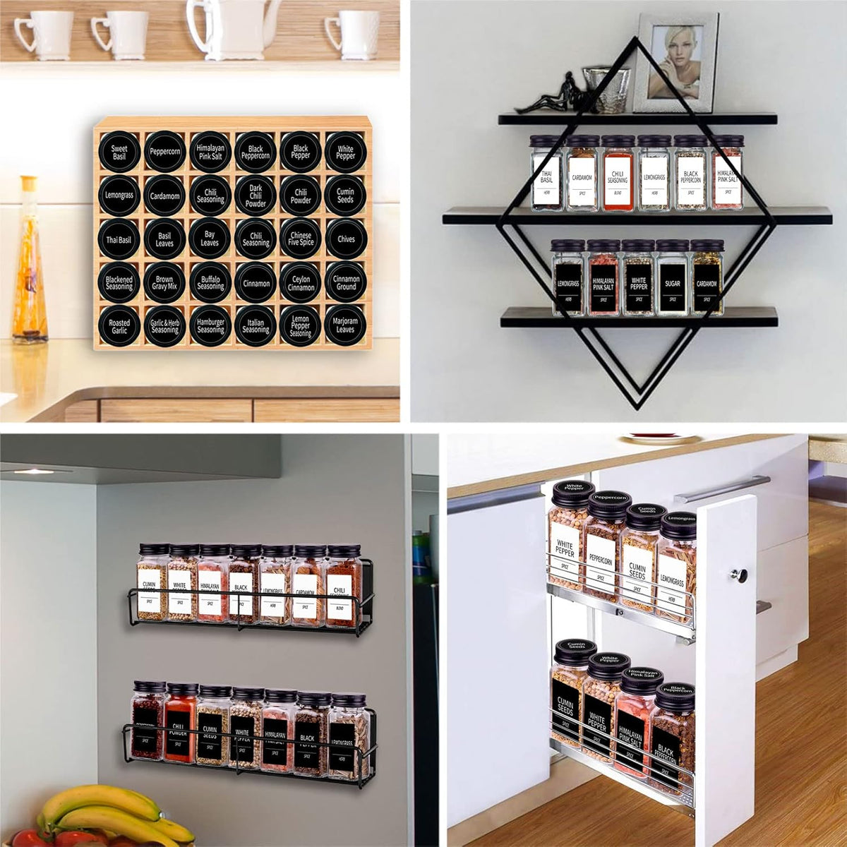 66 Pack Glass Spice Jars with Labels, 4oz Spice Containers | Square Spice Bottles with Black Caps, Shaker Lids, 547 Labels, Funnel & Chalk Pen. Keep Seasoning Jars Neat and Organized