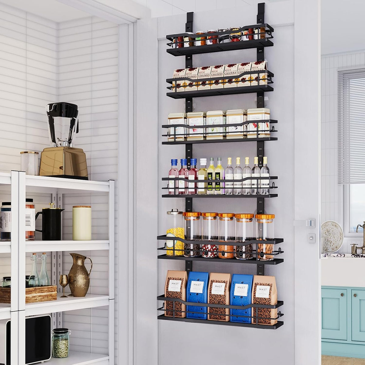 Eastherry Over The Door Pantry Organizer，9-Tier Over The Door Organizer with Adjustable Basket，Metal Hanging Pantry Organizers and Storage for Kitchen, Back of Door Seasoning Rack (Black)