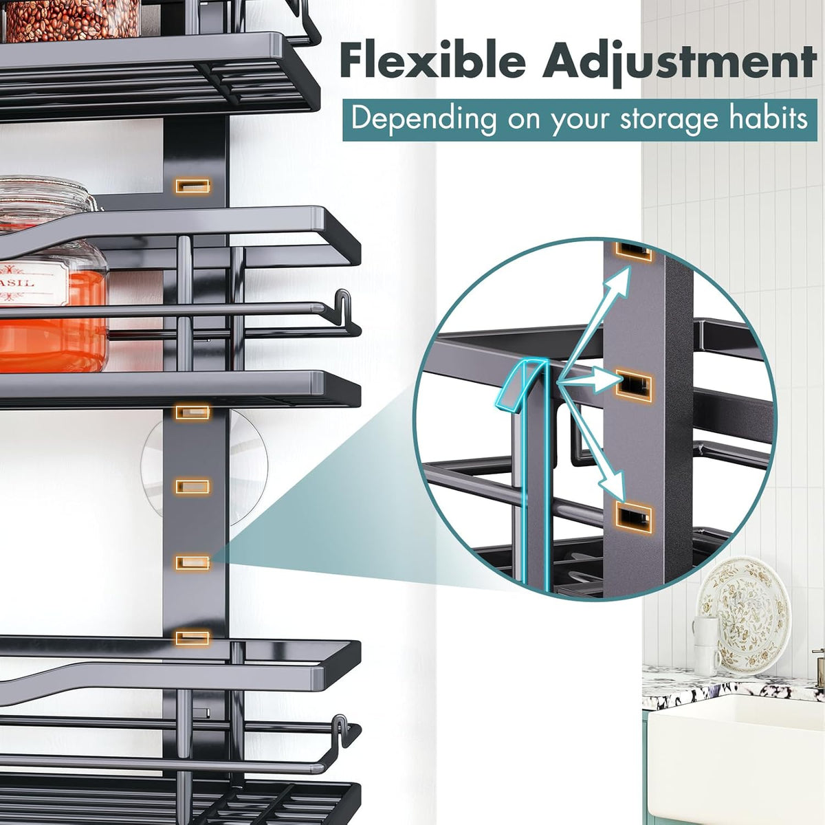 Eastherry Over The Door Pantry Organizer，9-Tier Over The Door Organizer with Adjustable Basket，Metal Hanging Pantry Organizers and Storage for Kitchen, Back of Door Seasoning Rack (Black)