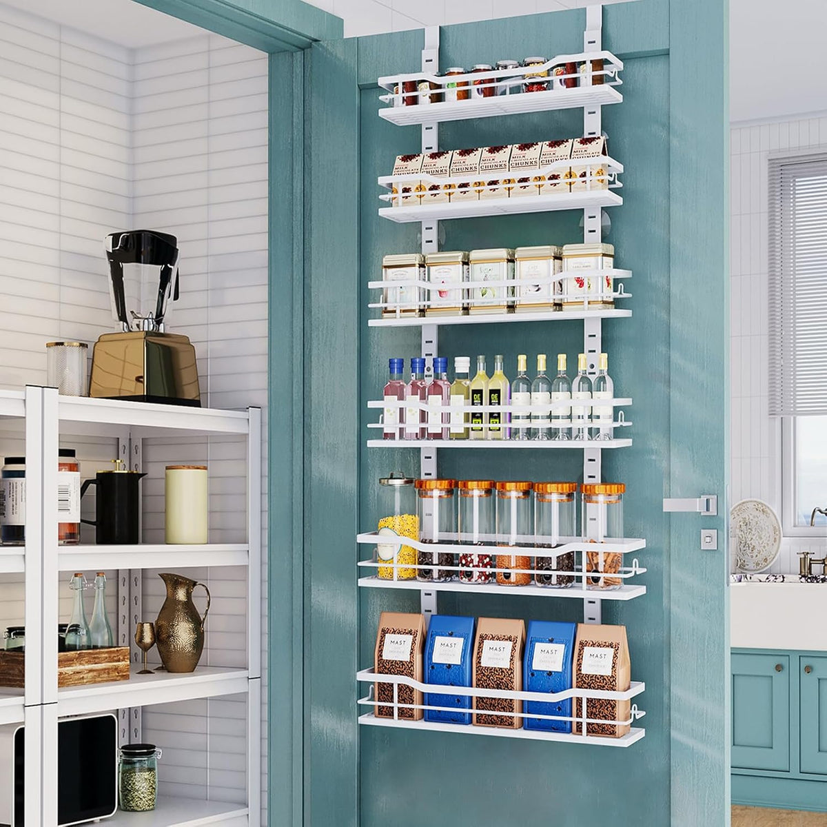 Eastherry Over The Door Pantry Organizer，9-Tier Over The Door Organizer with Adjustable Basket，Metal Hanging Pantry Organizers and Storage for Kitchen, Back of Door Seasoning Rack (Black)