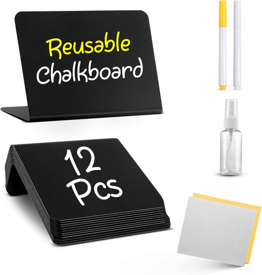 20 Pack Mini Chalkboard Signs for Food, 4”x3” Small Reusable Chalk Board Signs w/Spray Bottle, Food Labels for Party Buffet, Table Signs for Wedding, Name Tags & Bakery w/12 Markers & 2 Wiping Cloths