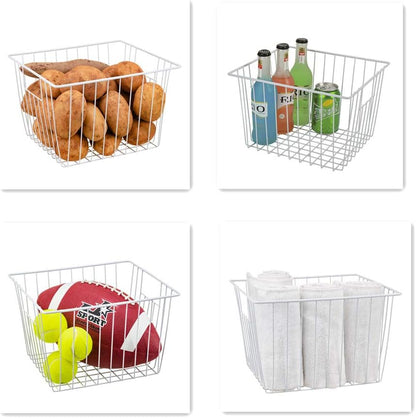 Freezer Organizer Bin, Kitchen Metal Wire Storage Basket, Pantry Cupboard Household Container Divider with Handles, Bathroom, Closet, Bedroom, Office, Rustproof - White（4）