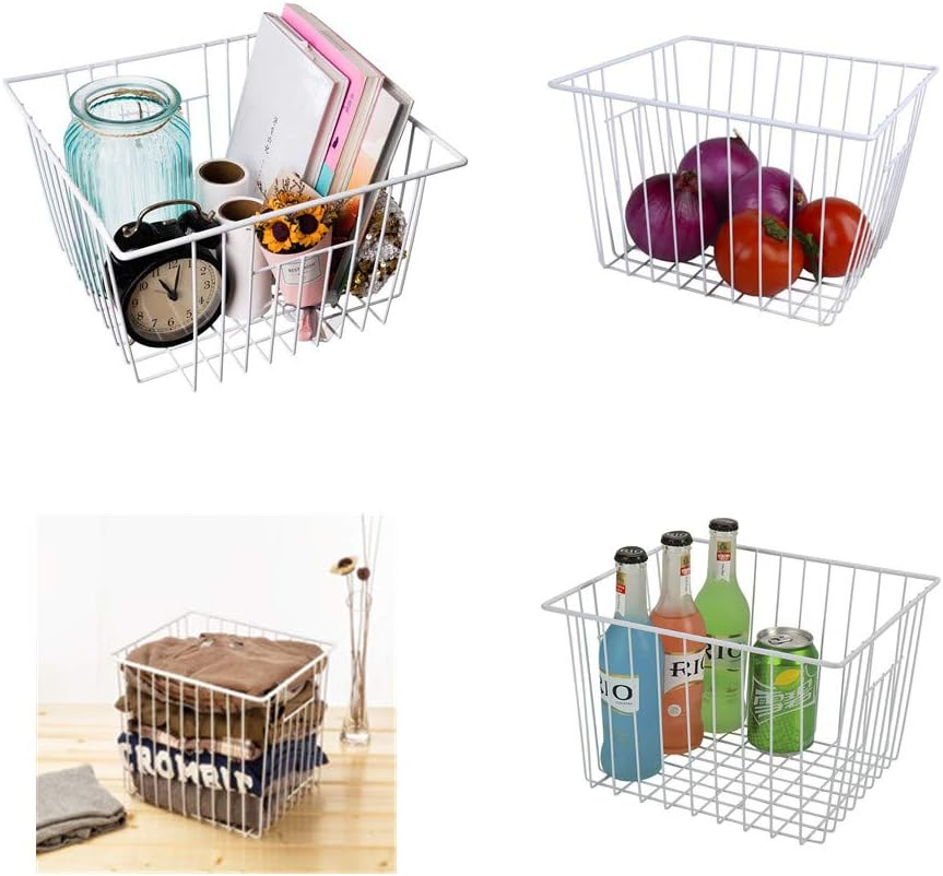 Freezer Organizer Bin, Kitchen Metal Wire Storage Basket, Pantry Cupboard Household Container Divider with Handles, Bathroom, Closet, Bedroom, Office, Rustproof - White（4）