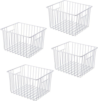 Freezer Organizer Bin, Kitchen Metal Wire Storage Basket, Pantry Cupboard Household Container Divider with Handles, Bathroom, Closet, Bedroom, Office, Rustproof - White（4）