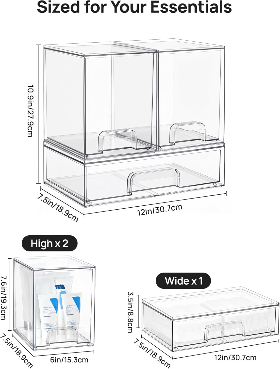 Stackable Storage Drawers Set of 5, Clear Plastic Organizer Bins for Baby Bottle, Beauty Supplies Storage, Ideal for Kichen Countertop, Vanity, Bathroom, Cabinet, Pantry Organization