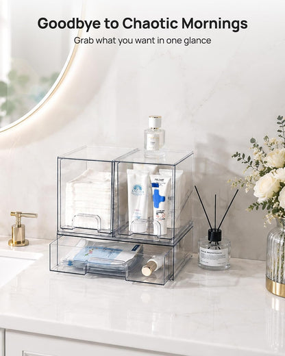 Stackable Storage Drawers Set of 5, Clear Plastic Organizer Bins for Baby Bottle, Beauty Supplies Storage, Ideal for Kichen Countertop, Vanity, Bathroom, Cabinet, Pantry Organization