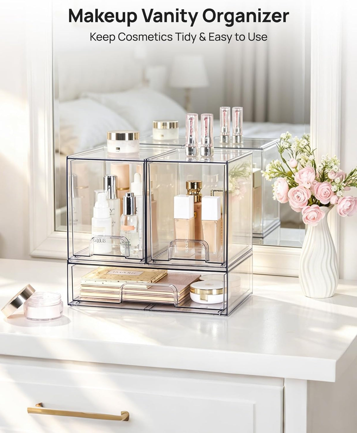 Stackable Storage Drawers Set of 5, Clear Plastic Organizer Bins for Baby Bottle, Beauty Supplies Storage, Ideal for Kichen Countertop, Vanity, Bathroom, Cabinet, Pantry Organization