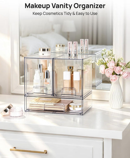 Stackable Storage Drawers Set of 5, Clear Plastic Organizer Bins for Baby Bottle, Beauty Supplies Storage, Ideal for Kichen Countertop, Vanity, Bathroom, Cabinet, Pantry Organization