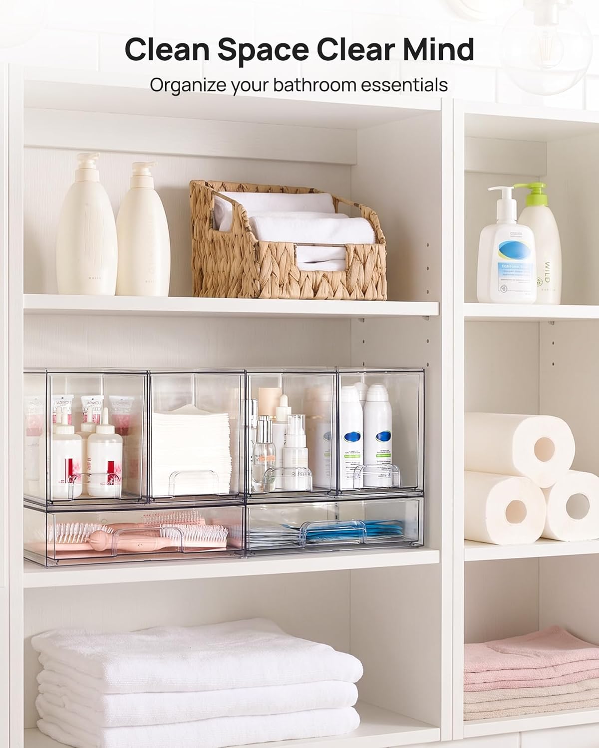 Stackable Storage Drawers Set of 5, Clear Plastic Organizer Bins for Baby Bottle, Beauty Supplies Storage, Ideal for Kichen Countertop, Vanity, Bathroom, Cabinet, Pantry Organization