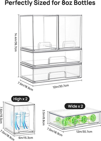 Stackable Storage Drawers Set of 5, Clear Plastic Organizer Bins for Baby Bottle, Beauty Supplies Storage, Ideal for Kichen Countertop, Vanity, Bathroom, Cabinet, Pantry Organization