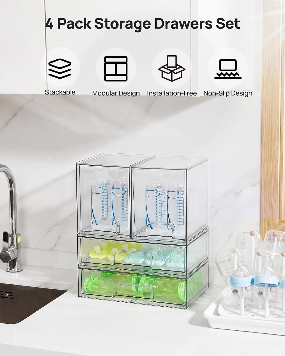 Stackable Storage Drawers Set of 5, Clear Plastic Organizer Bins for Baby Bottle, Beauty Supplies Storage, Ideal for Kichen Countertop, Vanity, Bathroom, Cabinet, Pantry Organization