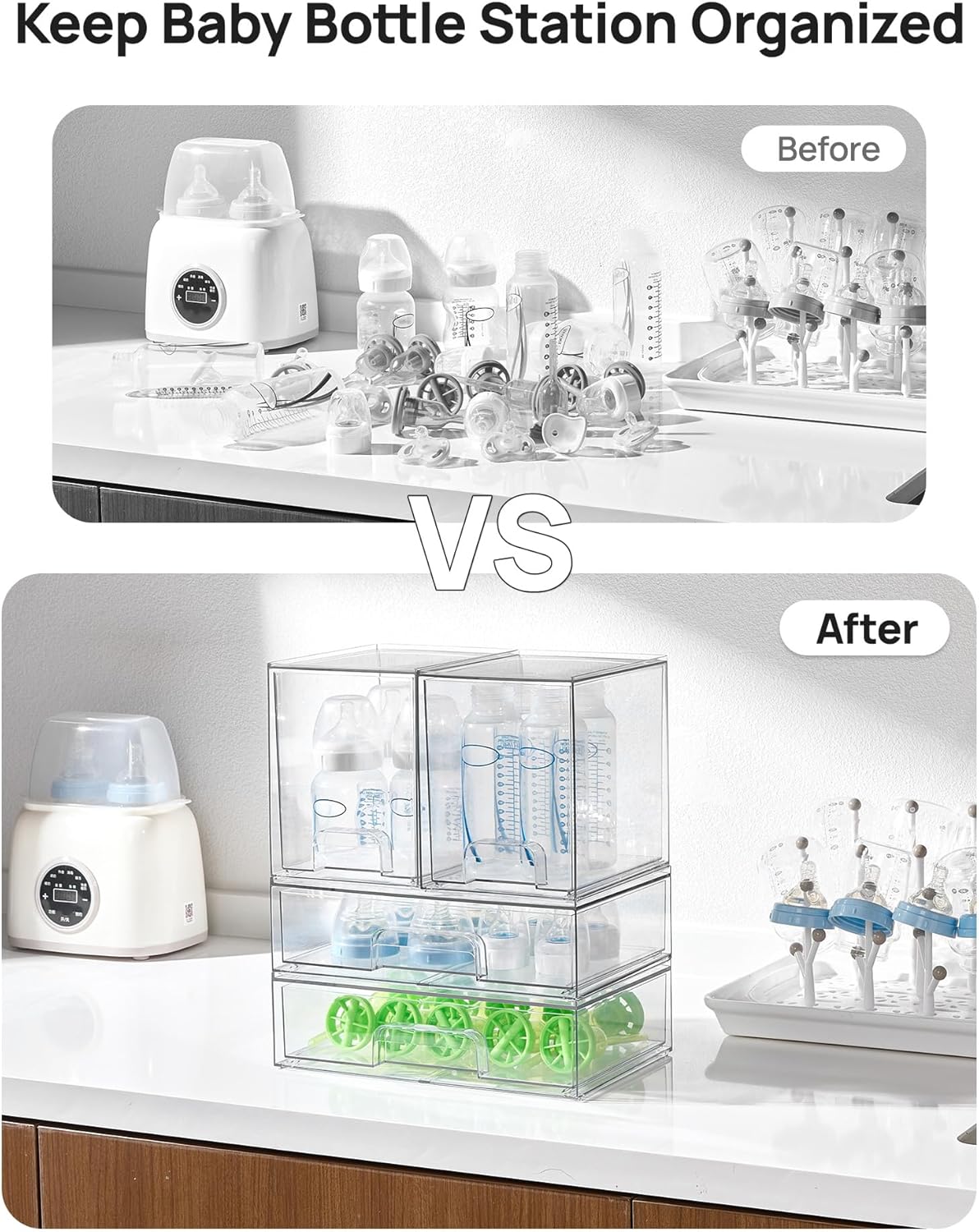 Stackable Storage Drawers Set of 5, Clear Plastic Organizer Bins for Baby Bottle, Beauty Supplies Storage, Ideal for Kichen Countertop, Vanity, Bathroom, Cabinet, Pantry Organization