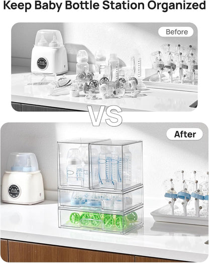 Stackable Storage Drawers Set of 5, Clear Plastic Organizer Bins for Baby Bottle, Beauty Supplies Storage, Ideal for Kichen Countertop, Vanity, Bathroom, Cabinet, Pantry Organization