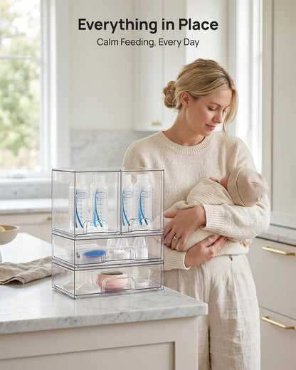 Stackable Storage Drawers Set of 5, Clear Plastic Organizer Bins for Baby Bottle, Beauty Supplies Storage, Ideal for Kichen Countertop, Vanity, Bathroom, Cabinet, Pantry Organization