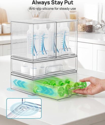 Stackable Storage Drawers Set of 5, Clear Plastic Organizer Bins for Baby Bottle, Beauty Supplies Storage, Ideal for Kichen Countertop, Vanity, Bathroom, Cabinet, Pantry Organization