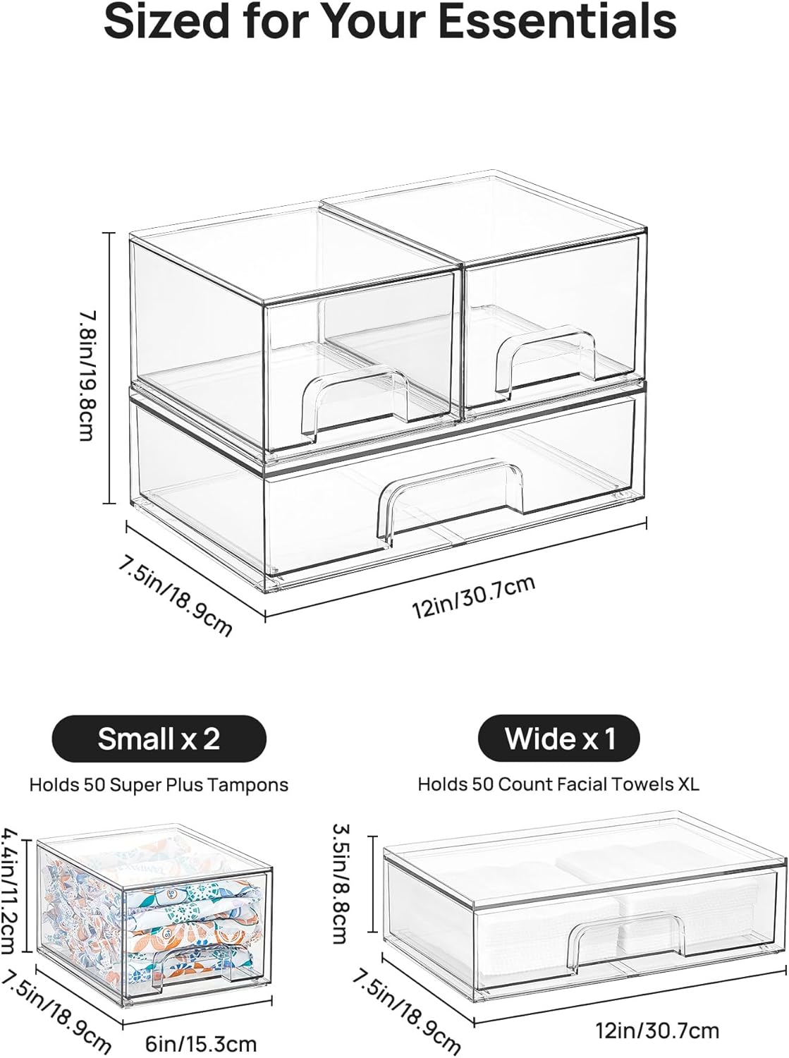 Stackable Storage Drawers Set of 5, Clear Plastic Organizer Bins for Baby Bottle, Beauty Supplies Storage, Ideal for Kichen Countertop, Vanity, Bathroom, Cabinet, Pantry Organization