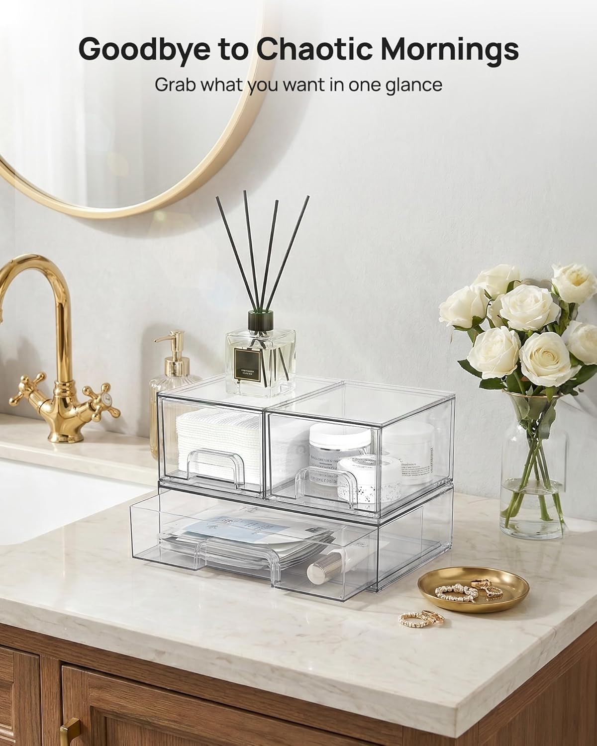 Stackable Storage Drawers Set of 5, Clear Plastic Organizer Bins for Baby Bottle, Beauty Supplies Storage, Ideal for Kichen Countertop, Vanity, Bathroom, Cabinet, Pantry Organization