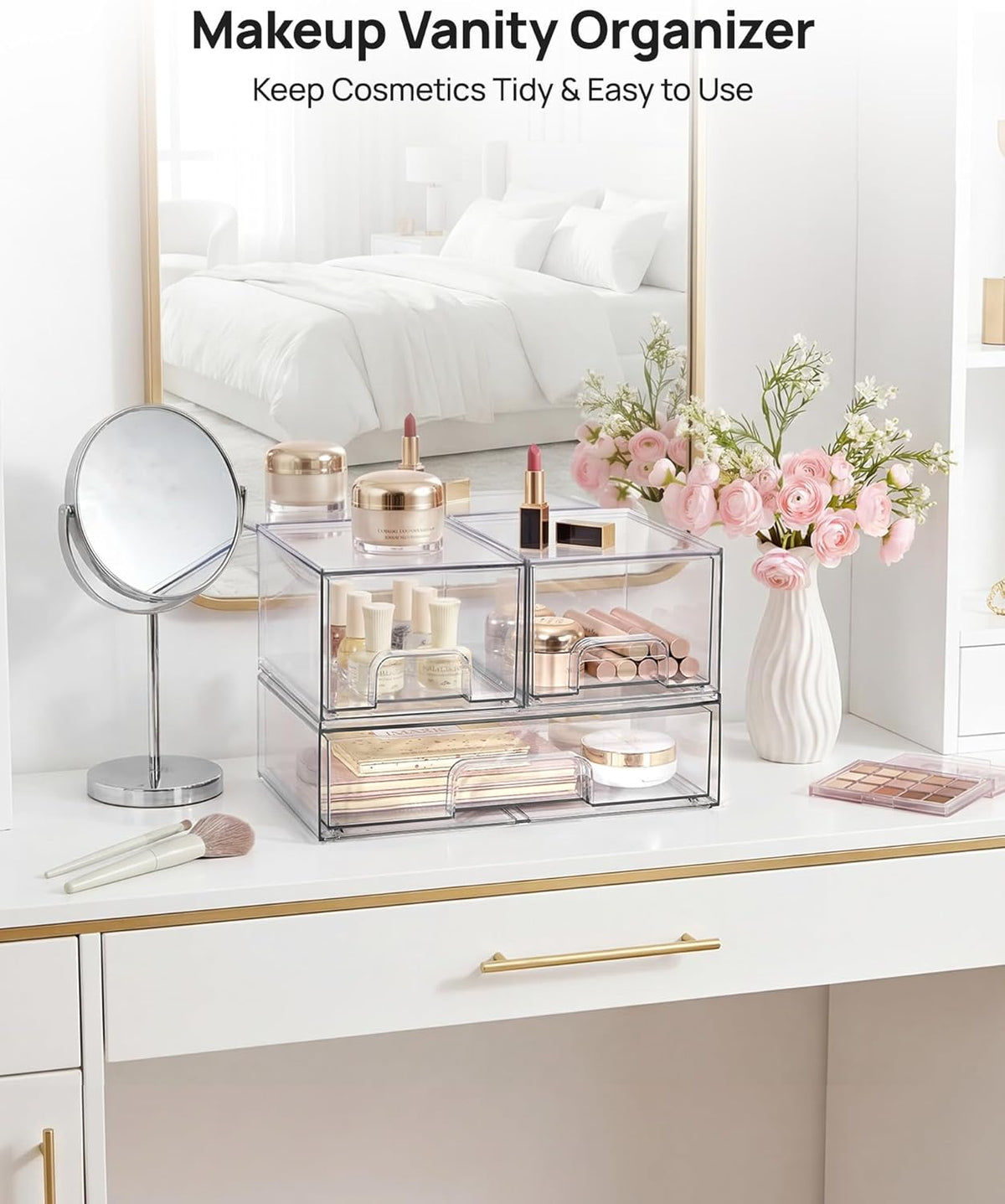 Stackable Storage Drawers Set of 5, Clear Plastic Organizer Bins for Baby Bottle, Beauty Supplies Storage, Ideal for Kichen Countertop, Vanity, Bathroom, Cabinet, Pantry Organization
