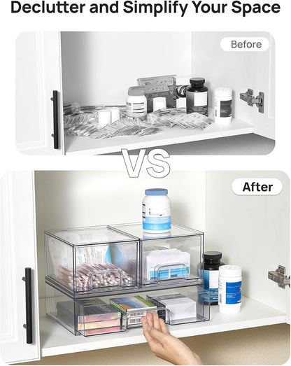 Stackable Storage Drawers Set of 5, Clear Plastic Organizer Bins for Baby Bottle, Beauty Supplies Storage, Ideal for Kichen Countertop, Vanity, Bathroom, Cabinet, Pantry Organization