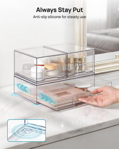 Stackable Storage Drawers Set of 5, Clear Plastic Organizer Bins for Baby Bottle, Beauty Supplies Storage, Ideal for Kichen Countertop, Vanity, Bathroom, Cabinet, Pantry Organization