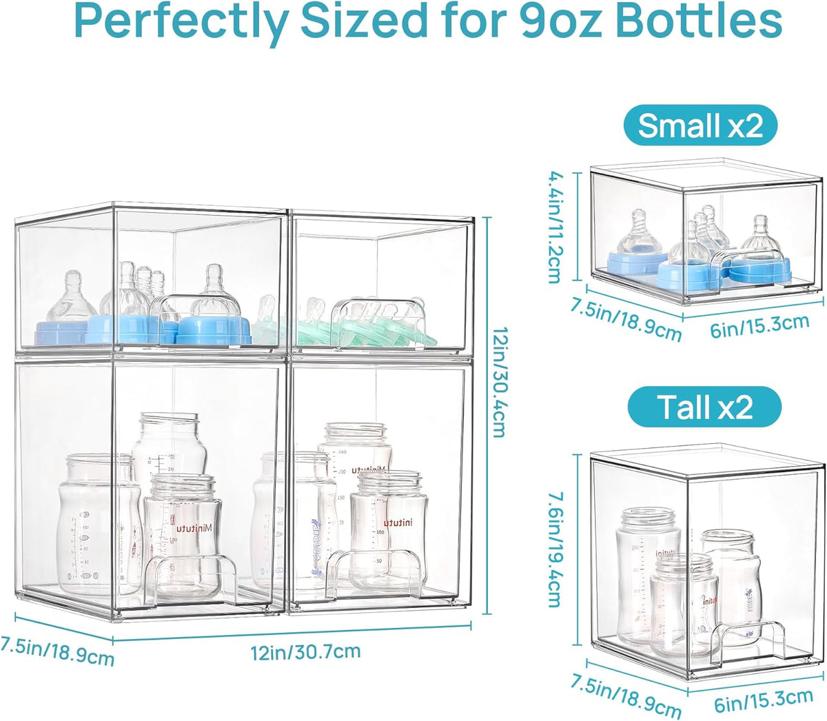 Stackable Storage Drawers Set of 5, Clear Plastic Organizer Bins for Baby Bottle, Beauty Supplies Storage, Ideal for Kichen Countertop, Vanity, Bathroom, Cabinet, Pantry Organization