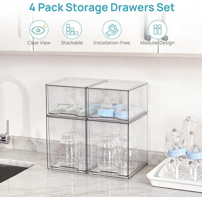 Stackable Storage Drawers Set of 5, Clear Plastic Organizer Bins for Baby Bottle, Beauty Supplies Storage, Ideal for Kichen Countertop, Vanity, Bathroom, Cabinet, Pantry Organization