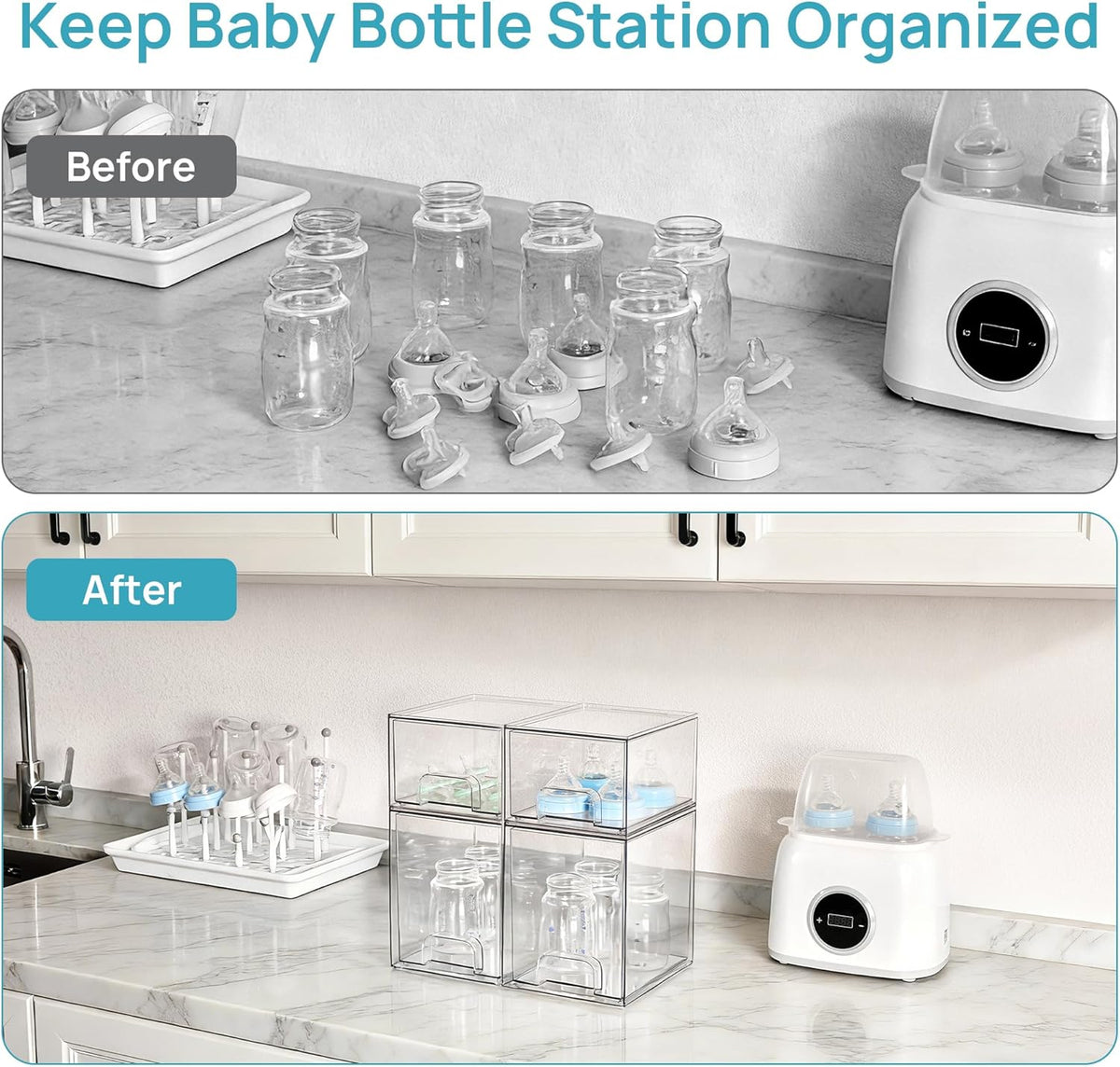 Stackable Storage Drawers Set of 5, Clear Plastic Organizer Bins for Baby Bottle, Beauty Supplies Storage, Ideal for Kichen Countertop, Vanity, Bathroom, Cabinet, Pantry Organization