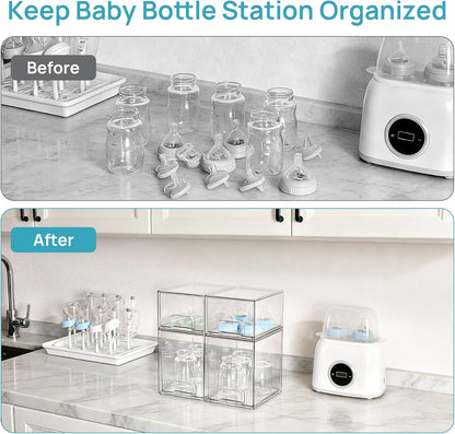 Stackable Storage Drawers Set of 5, Clear Plastic Organizer Bins for Baby Bottle, Beauty Supplies Storage, Ideal for Kichen Countertop, Vanity, Bathroom, Cabinet, Pantry Organization