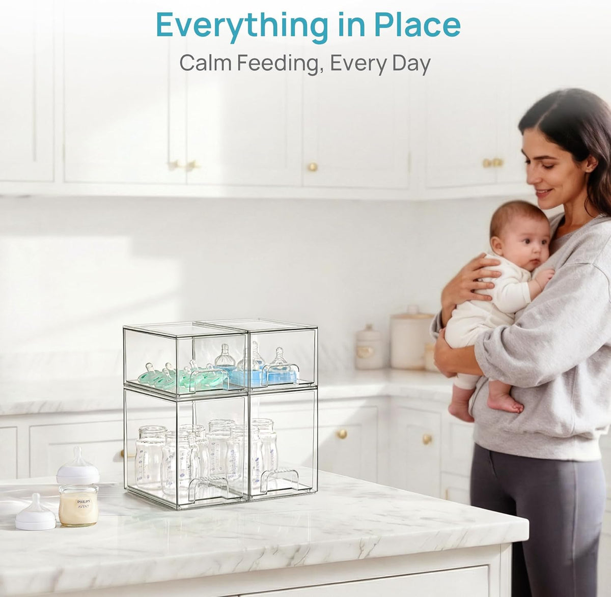 Stackable Storage Drawers Set of 5, Clear Plastic Organizer Bins for Baby Bottle, Beauty Supplies Storage, Ideal for Kichen Countertop, Vanity, Bathroom, Cabinet, Pantry Organization