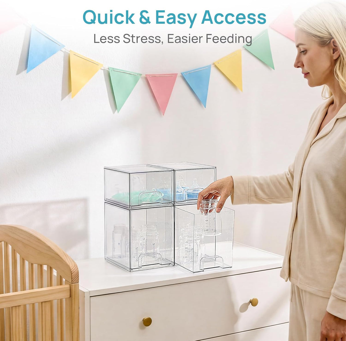Stackable Storage Drawers Set of 5, Clear Plastic Organizer Bins for Baby Bottle, Beauty Supplies Storage, Ideal for Kichen Countertop, Vanity, Bathroom, Cabinet, Pantry Organization
