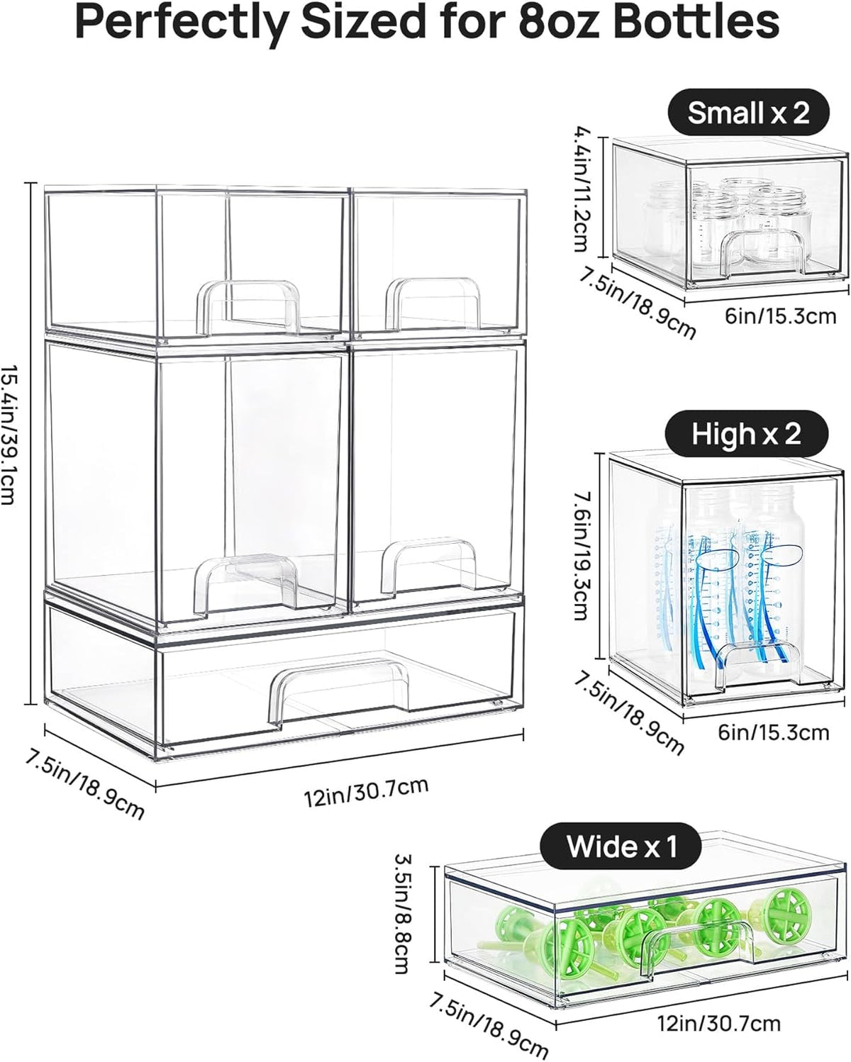 Stackable Storage Drawers Set of 5, Clear Plastic Organizer Bins for Baby Bottle, Beauty Supplies Storage, Ideal for Kichen Countertop, Vanity, Bathroom, Cabinet, Pantry Organization