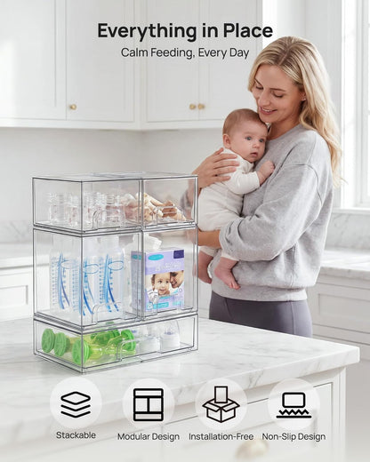 Stackable Storage Drawers Set of 5, Clear Plastic Organizer Bins for Baby Bottle, Beauty Supplies Storage, Ideal for Kichen Countertop, Vanity, Bathroom, Cabinet, Pantry Organization