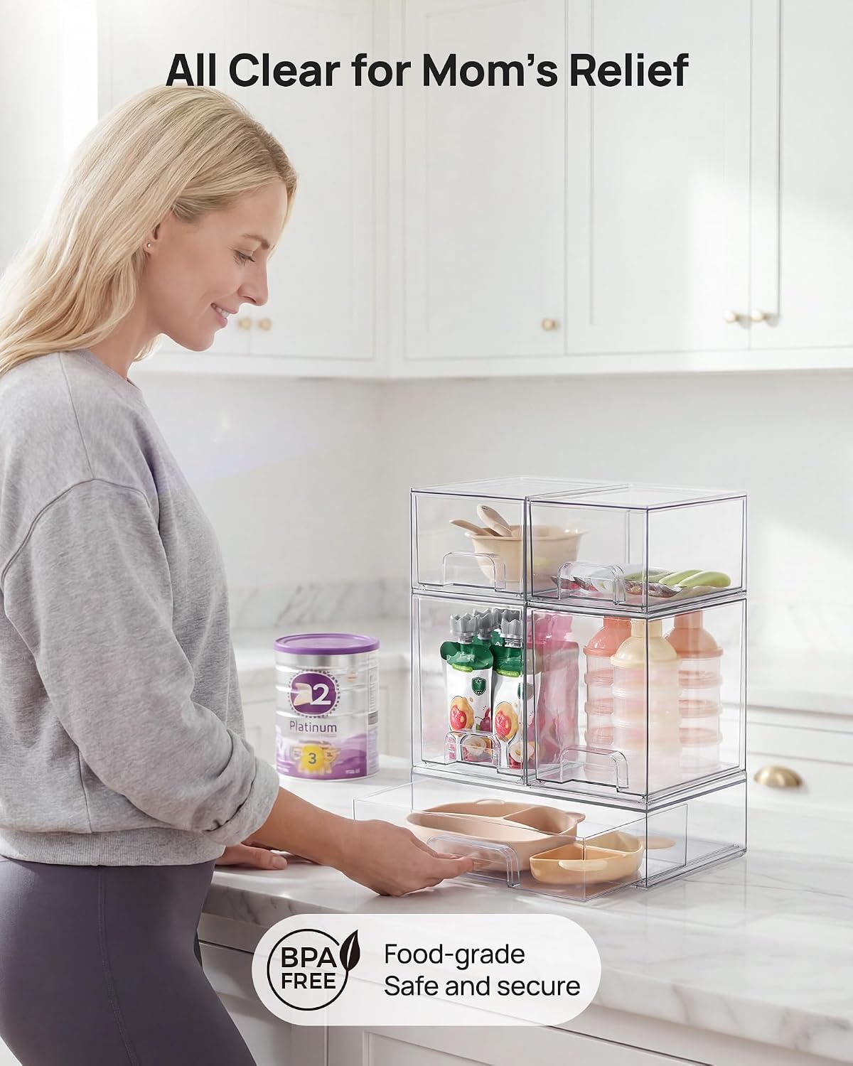 Stackable Storage Drawers Set of 5, Clear Plastic Organizer Bins for Baby Bottle, Beauty Supplies Storage, Ideal for Kichen Countertop, Vanity, Bathroom, Cabinet, Pantry Organization