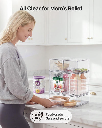 Stackable Storage Drawers Set of 5, Clear Plastic Organizer Bins for Baby Bottle, Beauty Supplies Storage, Ideal for Kichen Countertop, Vanity, Bathroom, Cabinet, Pantry Organization
