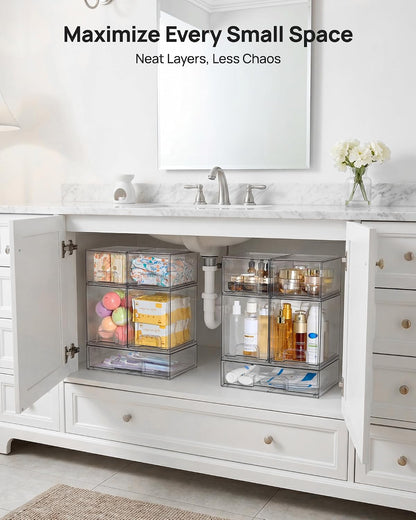 Stackable Storage Drawers Set of 5, Clear Plastic Organizer Bins for Baby Bottle, Beauty Supplies Storage, Ideal for Kichen Countertop, Vanity, Bathroom, Cabinet, Pantry Organization
