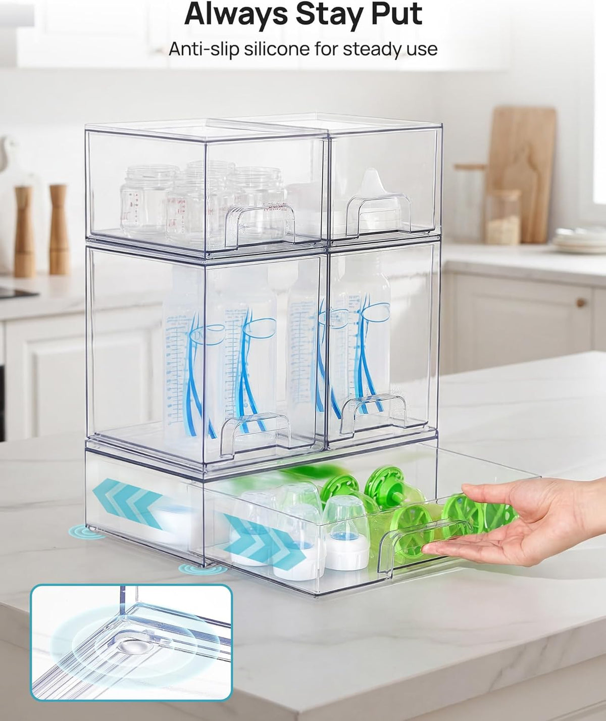 Stackable Storage Drawers Set of 5, Clear Plastic Organizer Bins for Baby Bottle, Beauty Supplies Storage, Ideal for Kichen Countertop, Vanity, Bathroom, Cabinet, Pantry Organization