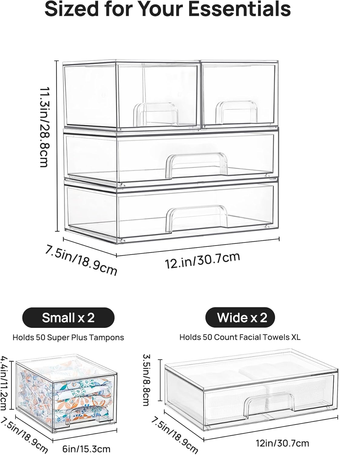 Stackable Storage Drawers Set of 5, Clear Plastic Organizer Bins for Baby Bottle, Beauty Supplies Storage, Ideal for Kichen Countertop, Vanity, Bathroom, Cabinet, Pantry Organization