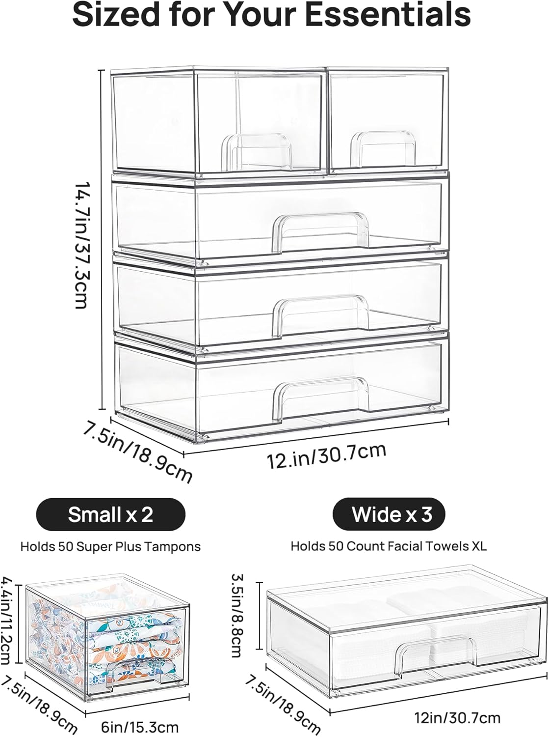 Stackable Storage Drawers Set of 5, Clear Plastic Organizer Bins for Baby Bottle, Beauty Supplies Storage, Ideal for Kichen Countertop, Vanity, Bathroom, Cabinet, Pantry Organization
