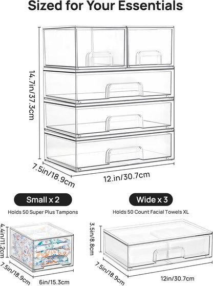 Stackable Storage Drawers Set of 5, Clear Plastic Organizer Bins for Baby Bottle, Beauty Supplies Storage, Ideal for Kichen Countertop, Vanity, Bathroom, Cabinet, Pantry Organization