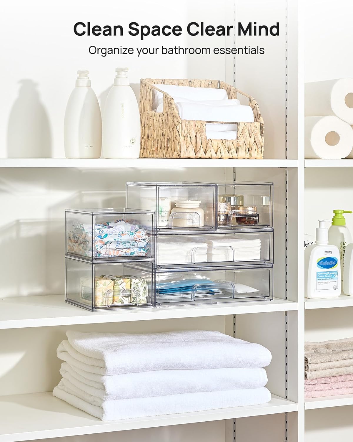 Stackable Storage Drawers Set of 5, Clear Plastic Organizer Bins for Baby Bottle, Beauty Supplies Storage, Ideal for Kichen Countertop, Vanity, Bathroom, Cabinet, Pantry Organization
