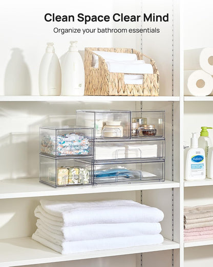 Stackable Storage Drawers Set of 5, Clear Plastic Organizer Bins for Baby Bottle, Beauty Supplies Storage, Ideal for Kichen Countertop, Vanity, Bathroom, Cabinet, Pantry Organization