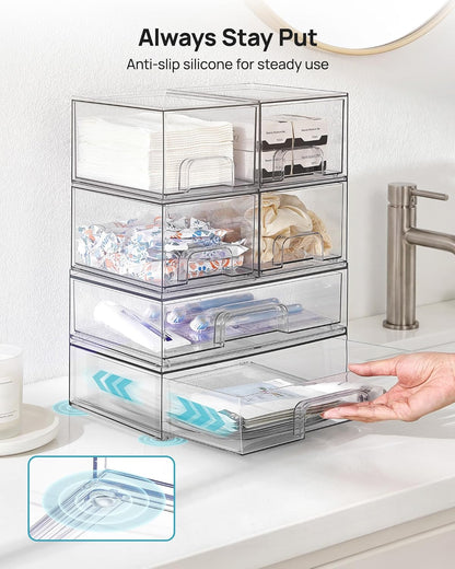 Stackable Storage Drawers Set of 5, Clear Plastic Organizer Bins for Baby Bottle, Beauty Supplies Storage, Ideal for Kichen Countertop, Vanity, Bathroom, Cabinet, Pantry Organization