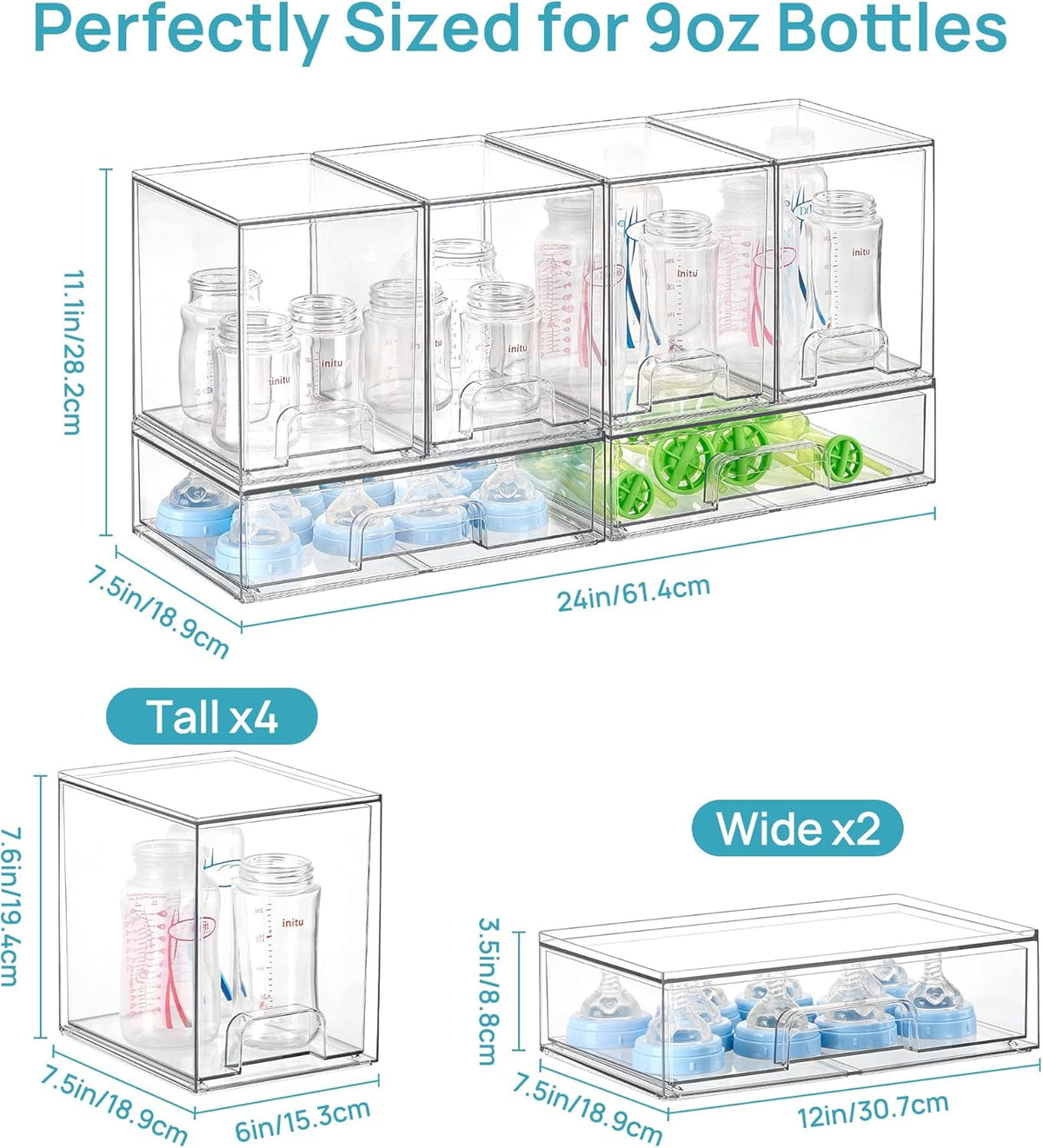 Stackable Storage Drawers Set of 5, Clear Plastic Organizer Bins for Baby Bottle, Beauty Supplies Storage, Ideal for Kichen Countertop, Vanity, Bathroom, Cabinet, Pantry Organization
